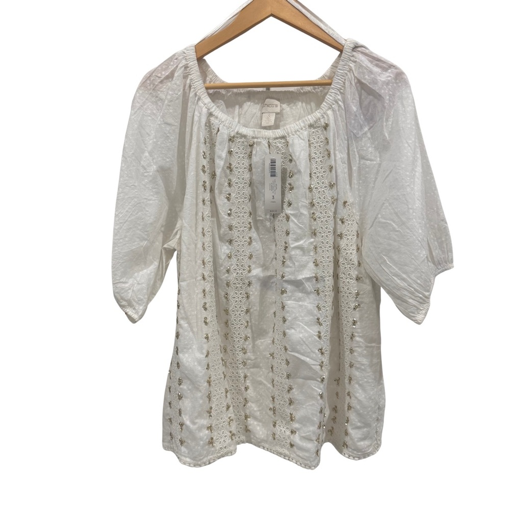 Chico’s Size 3 US XL 16–18 White Alabaster Embellished Eyelet Peasant Boho Top - Picture 2 of 7